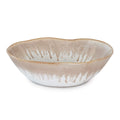 Ceramic pasta bowl with white base and tan brushstroke pattern around the interior and rim.