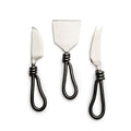 Three stainless steel cheese knives with black twisted handles and decorative wrapping near the blade.