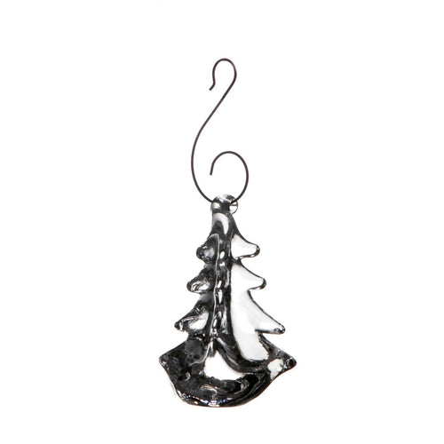 Black and white ceramic evergreen tree ornament with curved metal hanging hook.