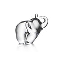 Clear glass elephant figurine with raised trunk and decorative saddle blanket detail.