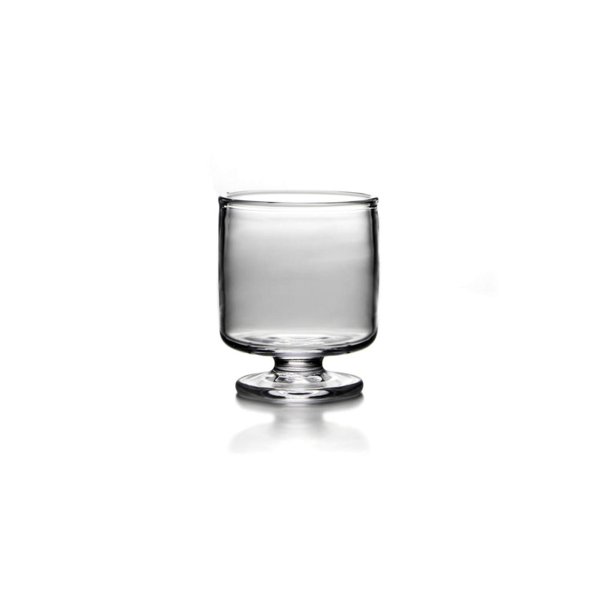 Clear glass hurricane-style candle holder with cylindrical cup and pedestal base.