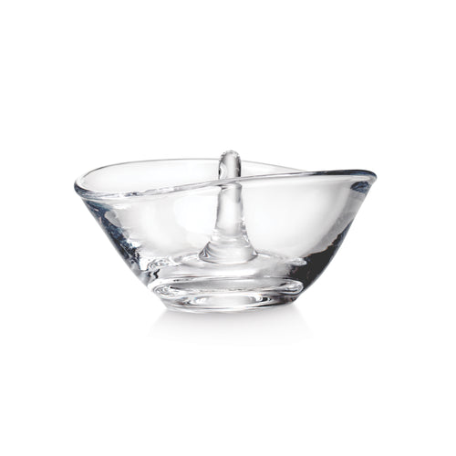 Clear glass ring holder with a central pedestal post and wide curved bowl base.