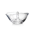 Clear glass ring holder with a central post and wide bowl base.