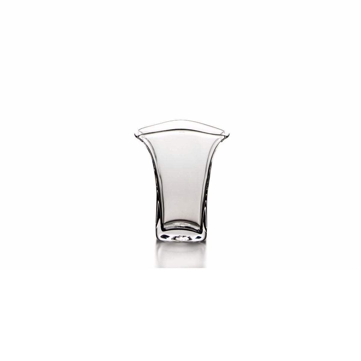 Clear glass vase with flared rim and curved sides, featuring a narrow base.