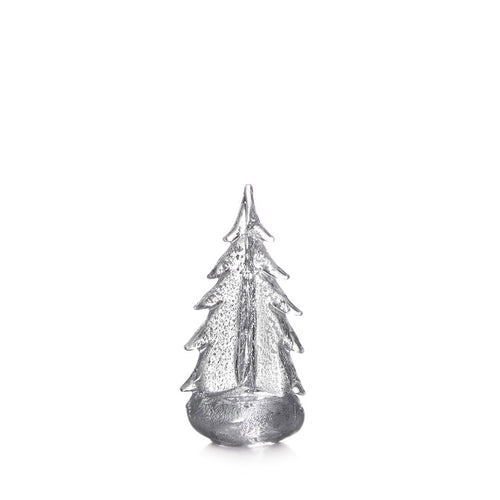 Silver metallic evergreen tree figurine with textured finish and rounded base.