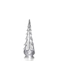 Silver-toned decorative evergreen tree with pointed top and tiered branch layers on rounded base.