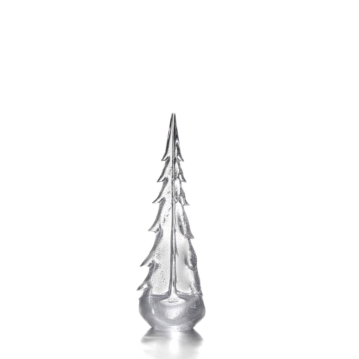 Silver-toned decorative evergreen tree with pointed top and tiered branch layers on rounded base.