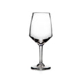 Empty clear wine glass with tapered bowl and stem on white background.
