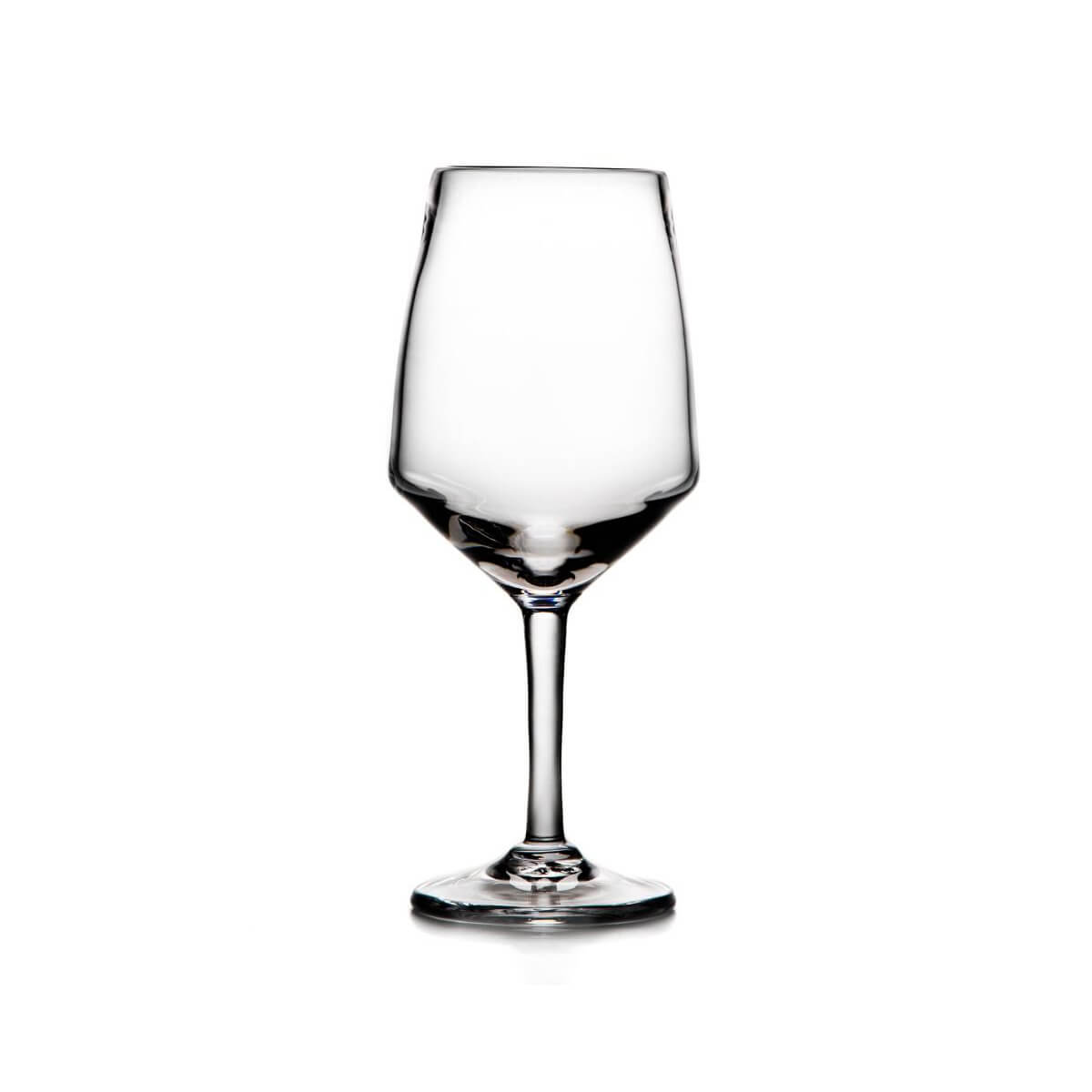 Empty clear wine glass with tapered bowl and stem on white background.