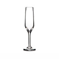 Clear glass champagne flute with tapered bowl and thin stem on round base.