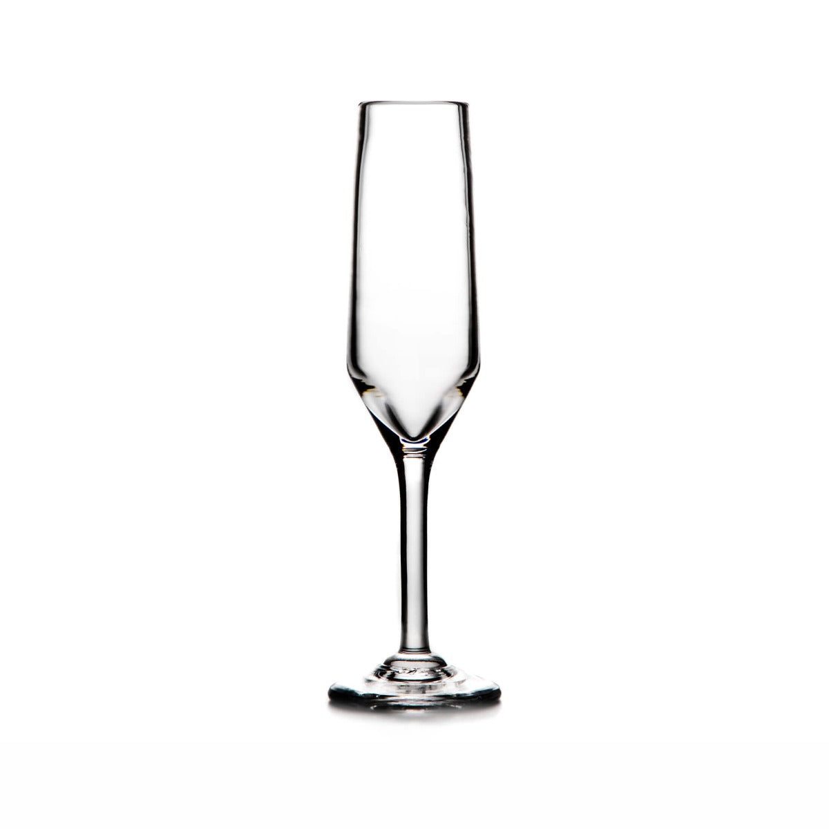 Clear glass champagne flute with tapered bowl and thin stem on round base.