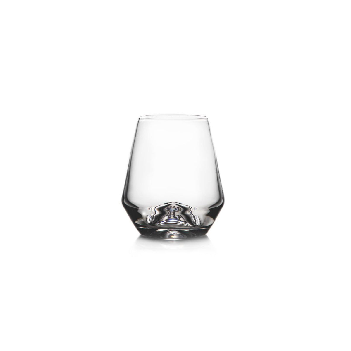 Clear glass stemless wine glass with tapered sides and textured base.