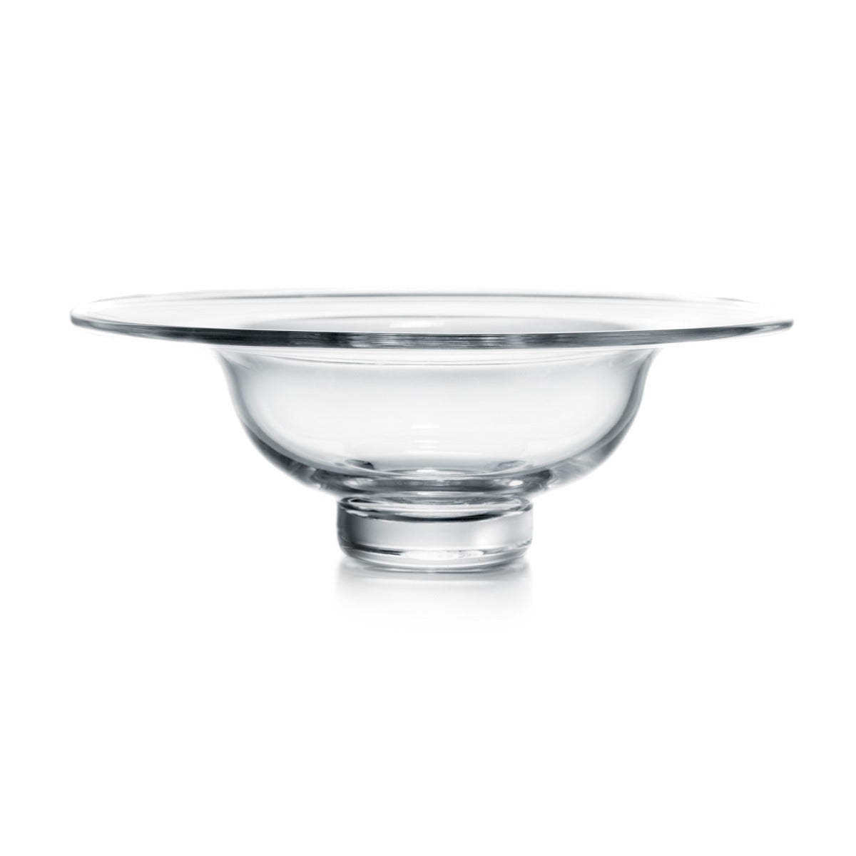 Clear glass bowl with wide rim and pedestal base on white background.
