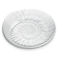 White ceramic platter with spiral shell relief design in center and radiating ribbed pattern.