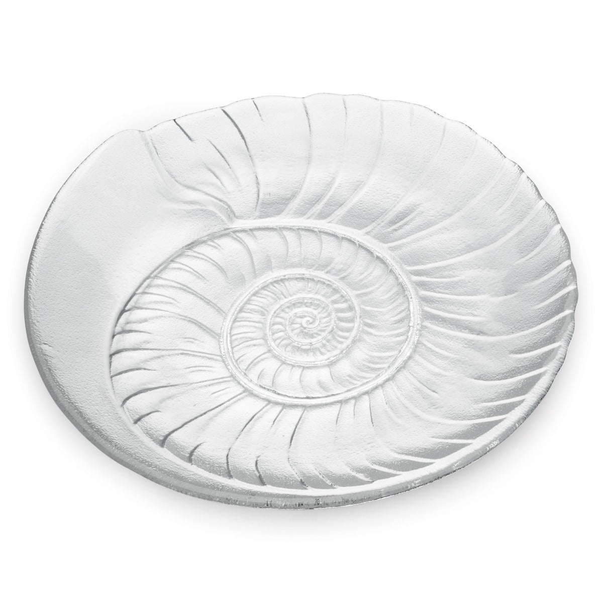 White ceramic platter with spiral shell relief design in center and radiating ribbed pattern.