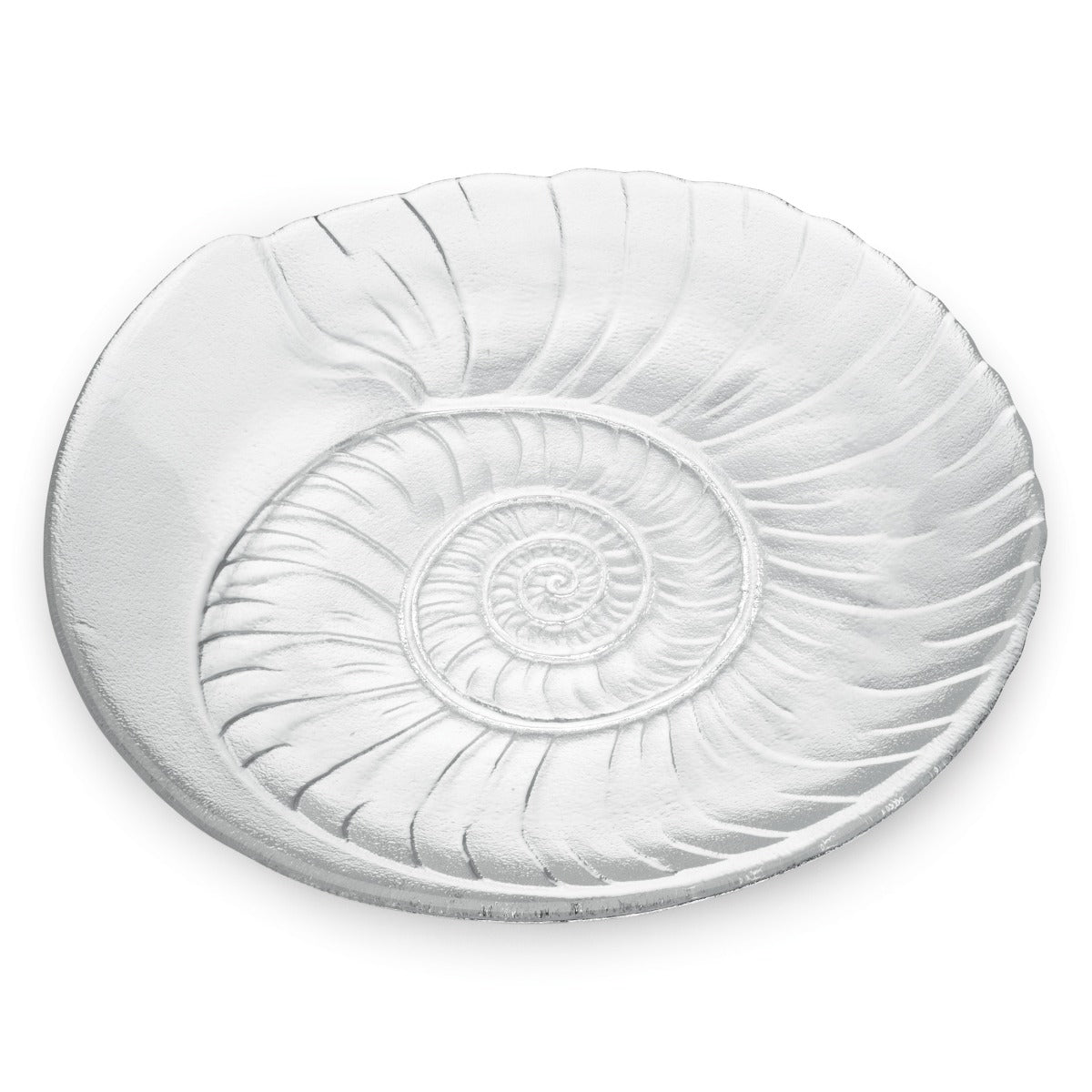 White shell-shaped platter with concentric spiral ridges radiating from center.