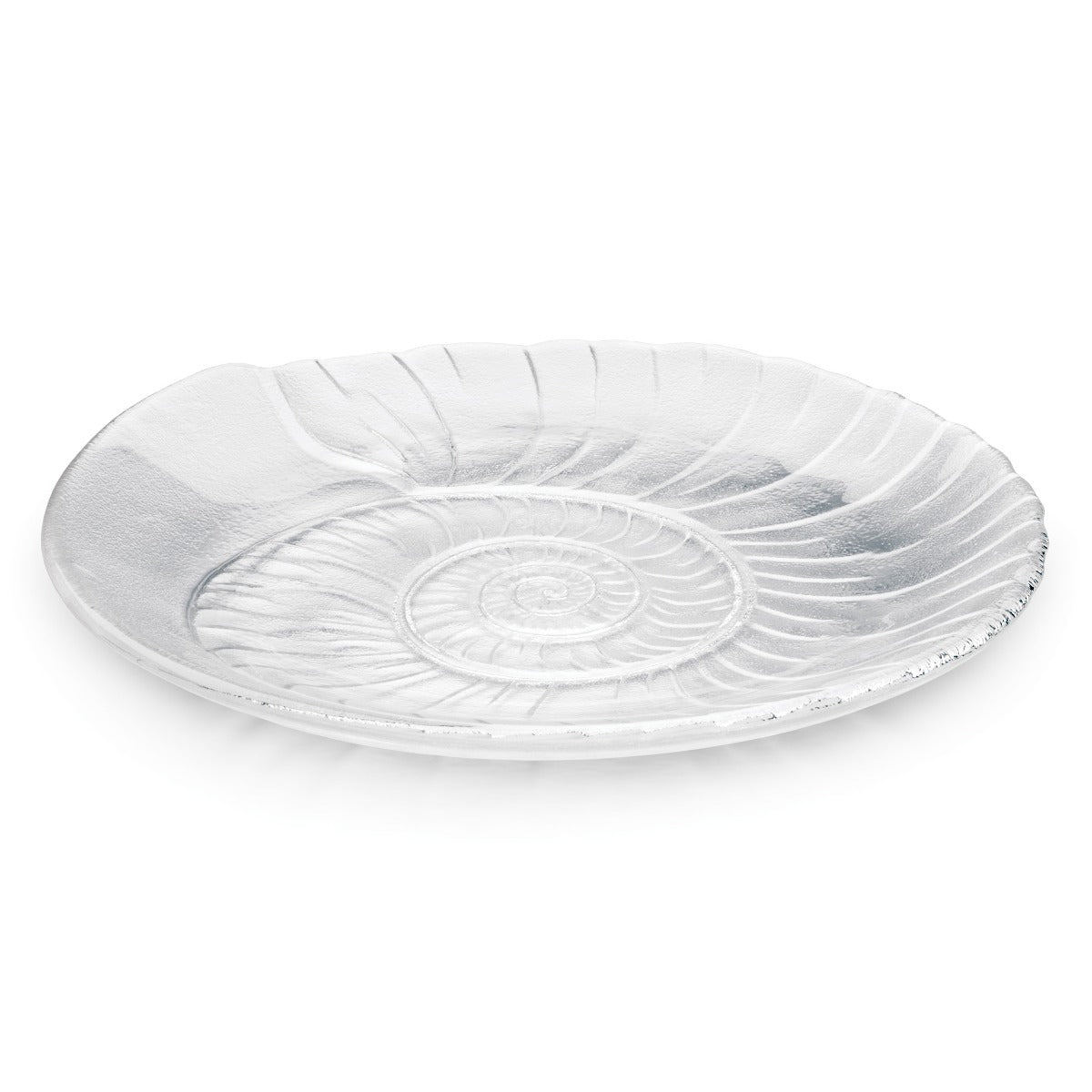White ceramic platter with spiral shell relief pattern and textured rim.
