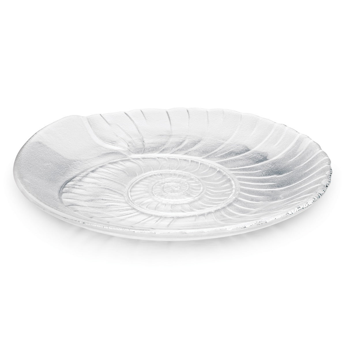 White oval platter with embossed spiral shell pattern and textured rim.