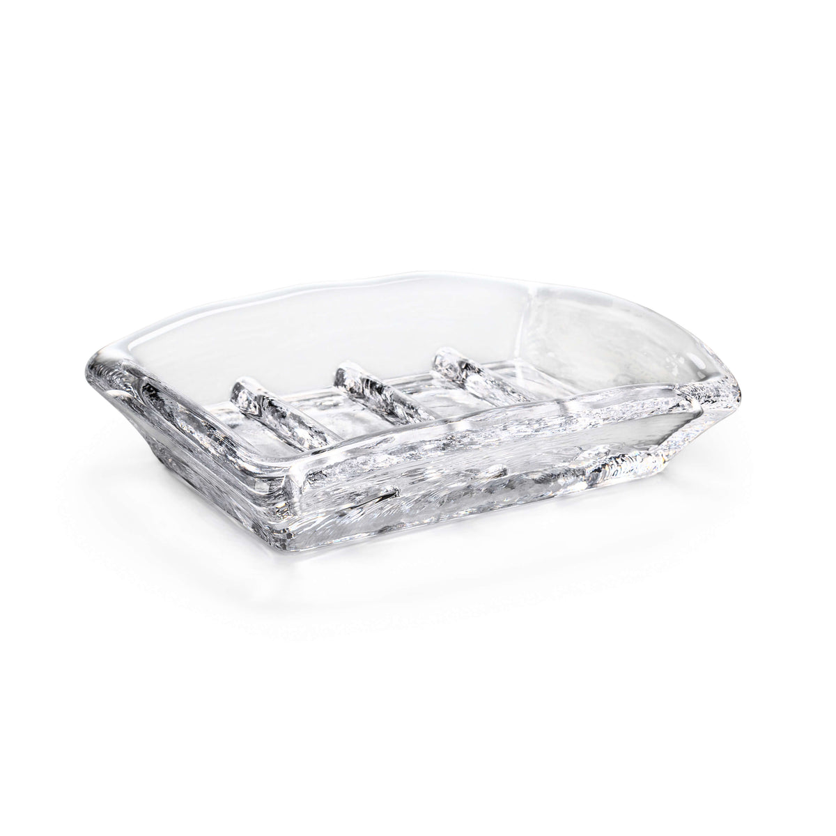 Clear glass soap dish with textured wood-grain pattern and four soap slots.