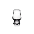 Clear glass tasting glass with tapered bowl and bulbous base on white background.