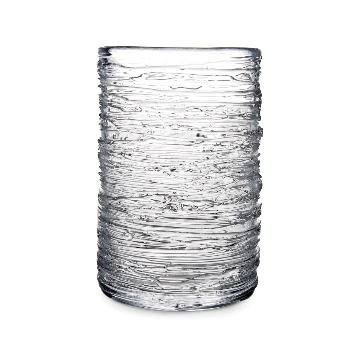 Clear glass tumbler with horizontal textured ridges throughout the cylindrical body.
