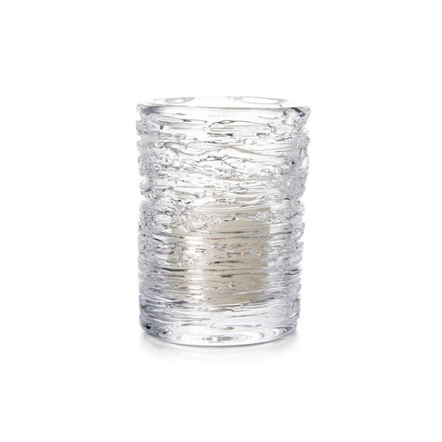 Clear glass tumbler with swirled texture pattern and horizontal ridges throughout.
