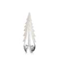 White frosted evergreen tree decoration with tiered branches on clear glass base.