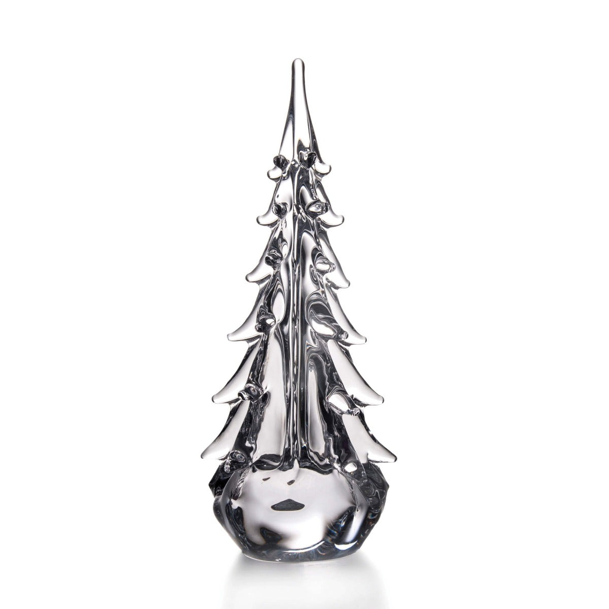 Clear glass evergreen tree with five-sided geometric form and pointed top.