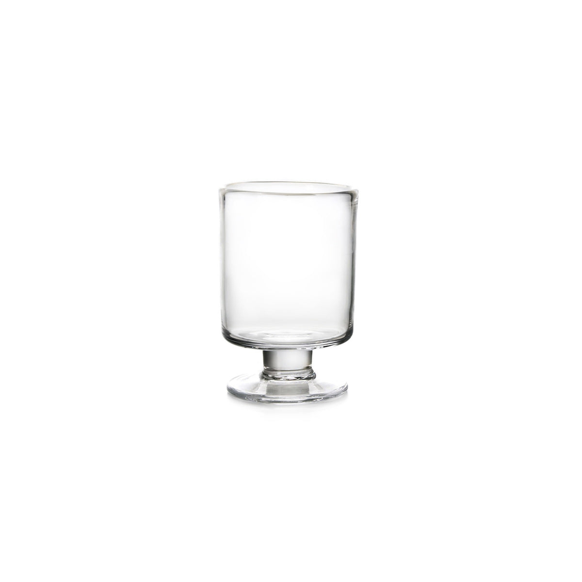 Clear glass hurricane-style votive holder with pedestal base and cylindrical body.