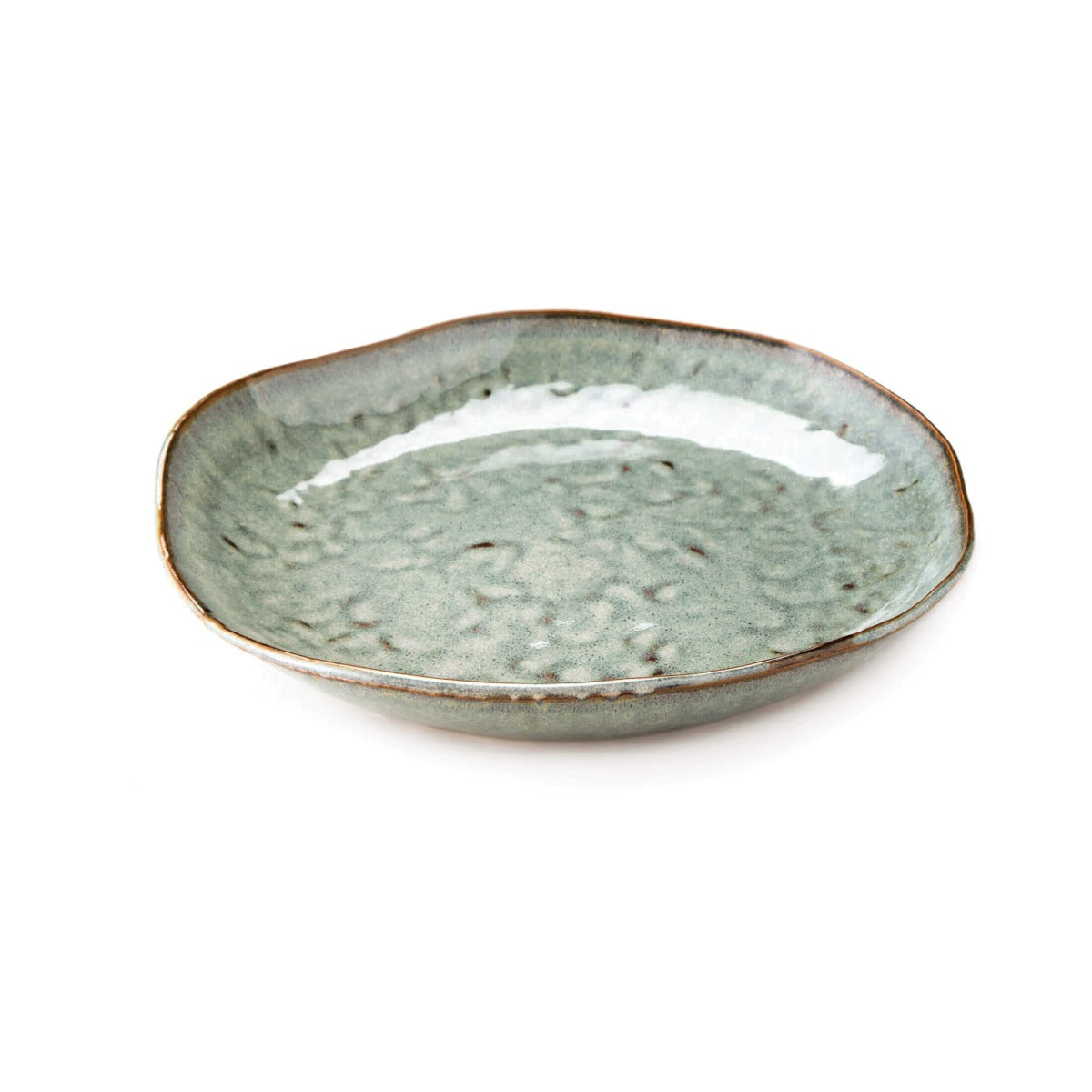 Green and brown speckled ceramic dinner plate with shallow bowl shape and textured glaze.