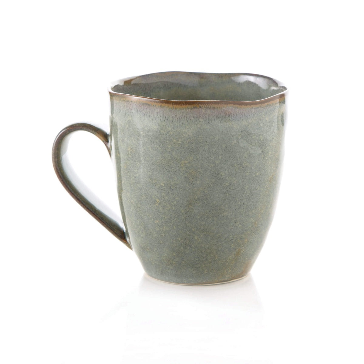 Moss green ceramic mug with curved handle and textured glaze finish.