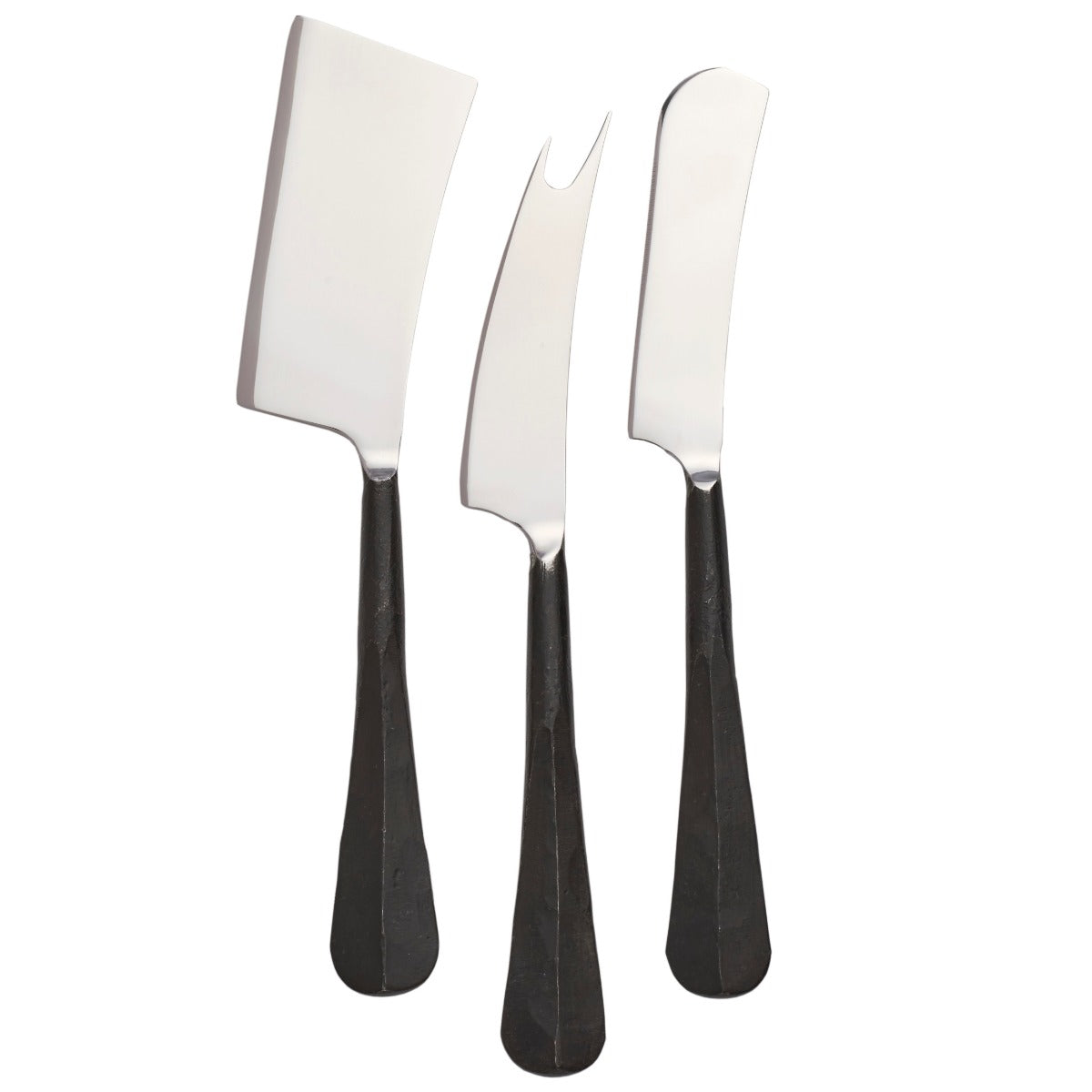 Three cheese knives with stainless steel blades and black tapered handles, including flat, forked, and serrated styles.