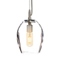 Small pendant light with clear glass shade, brass hardware, and glowing filament bulb suspended from gray cord.