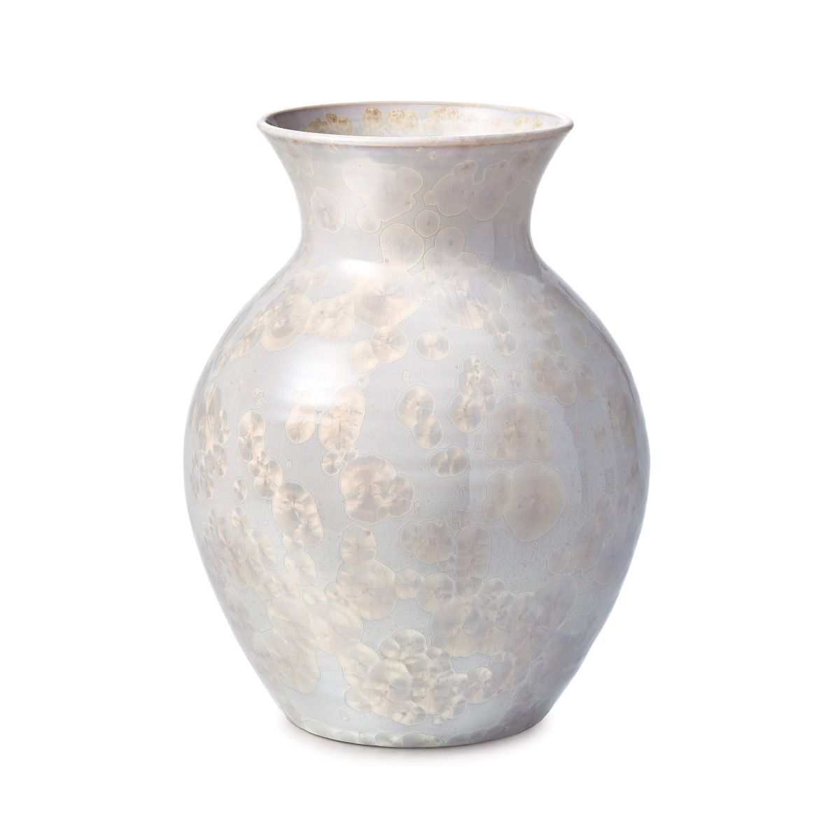 White crystalline vase with bulbous body, narrow neck, and subtle floral etched pattern throughout.