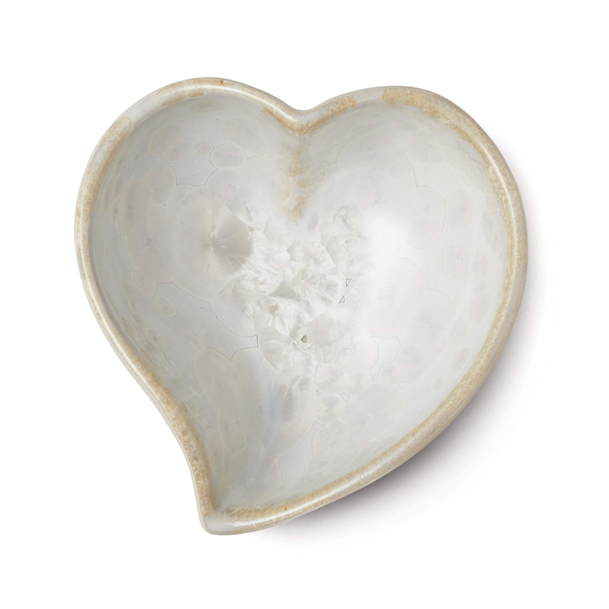 Heart-shaped bowl with crystalline white interior and tan-colored rim and exterior.