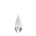 Clear glass decorative evergreen tree with frosted white branches and clear teardrop base.