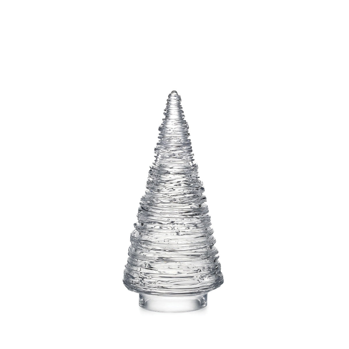 Clear glass cone-shaped tree with horizontal textured bands and a small loop handle at the top.