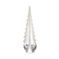 White frosted evergreen tree figurine with tiered branches and clear glass base.
