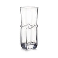 Clear glass vase with twisted band detail at center and square base.