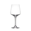 Clear glass wine glass with tapered bowl, thin stem, and circular base.