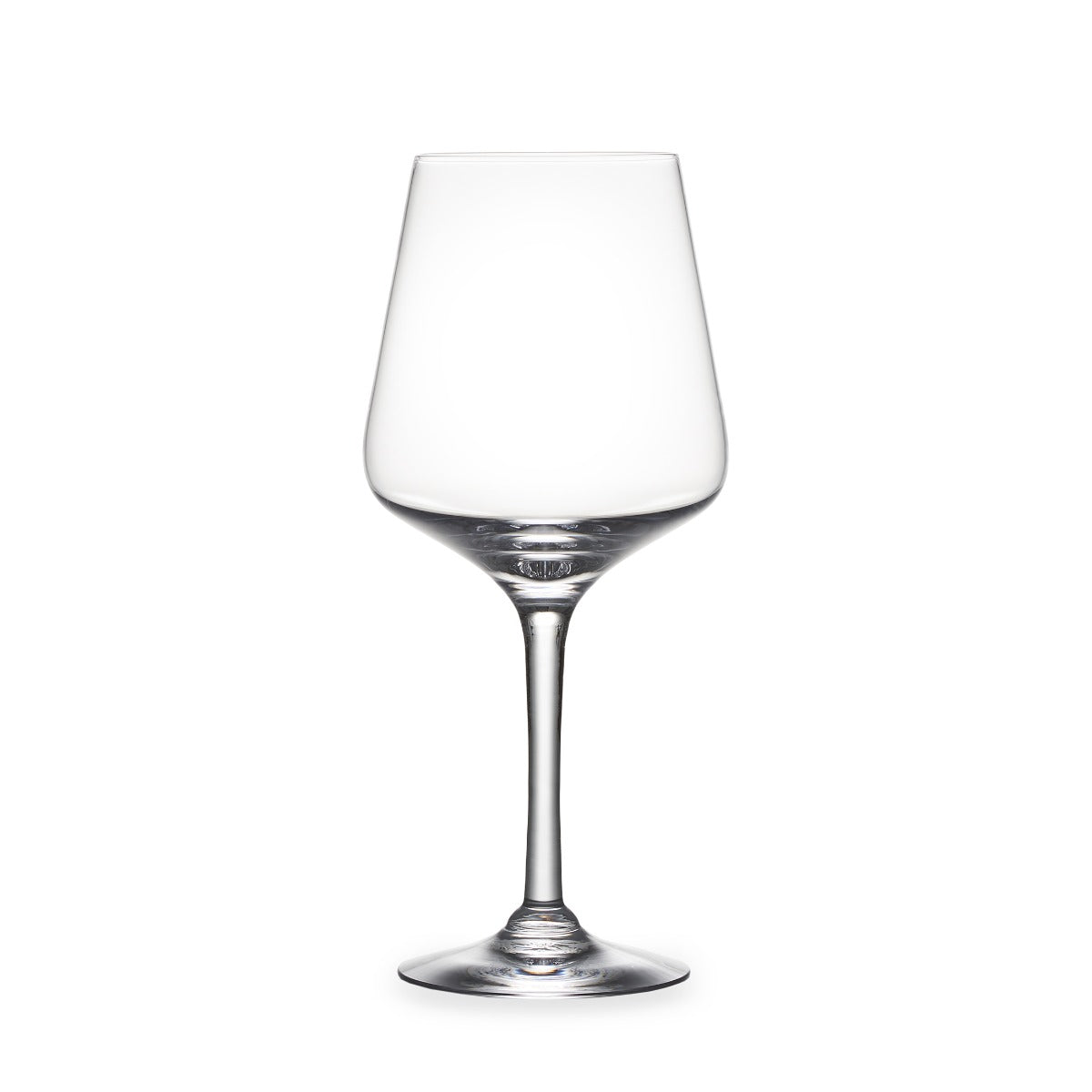 Clear glass wine glass with tapered bowl, thin stem, and circular base.