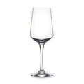 Clear glass wine glass with tapered bowl, thin stem, and circular base on white background.