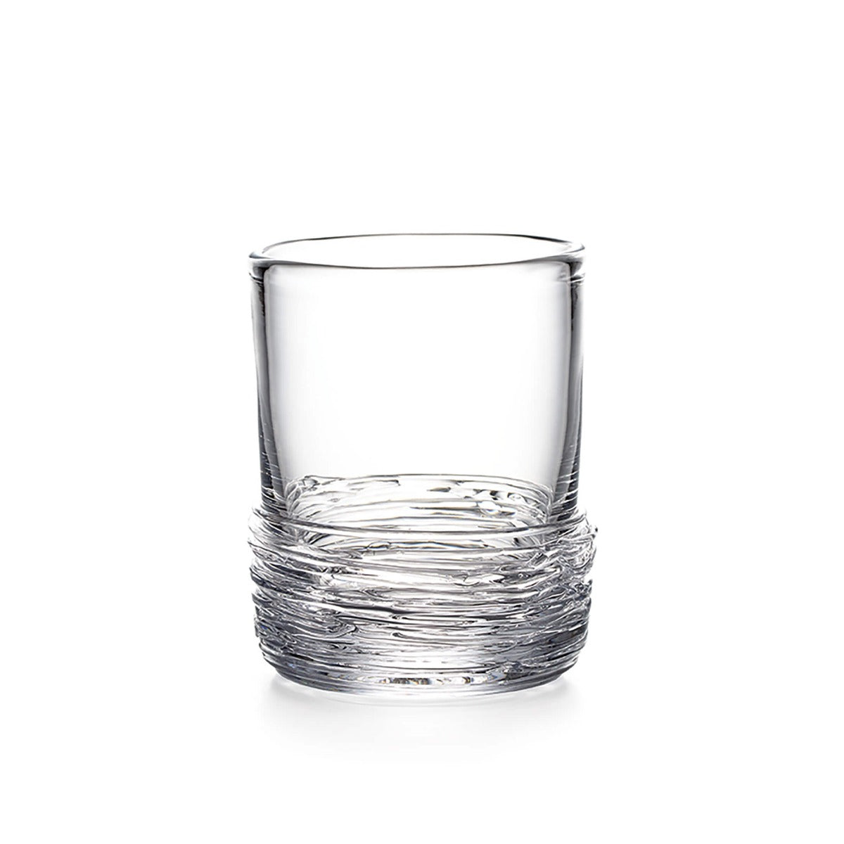 Clear glass tumbler with textured band around lower portion.