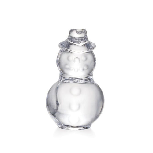 Clear glass snowman figurine with stacked spheres, scarf detail, and hat.