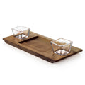 Dark walnut wooden board with two square glass bowls and a center slot for serving.