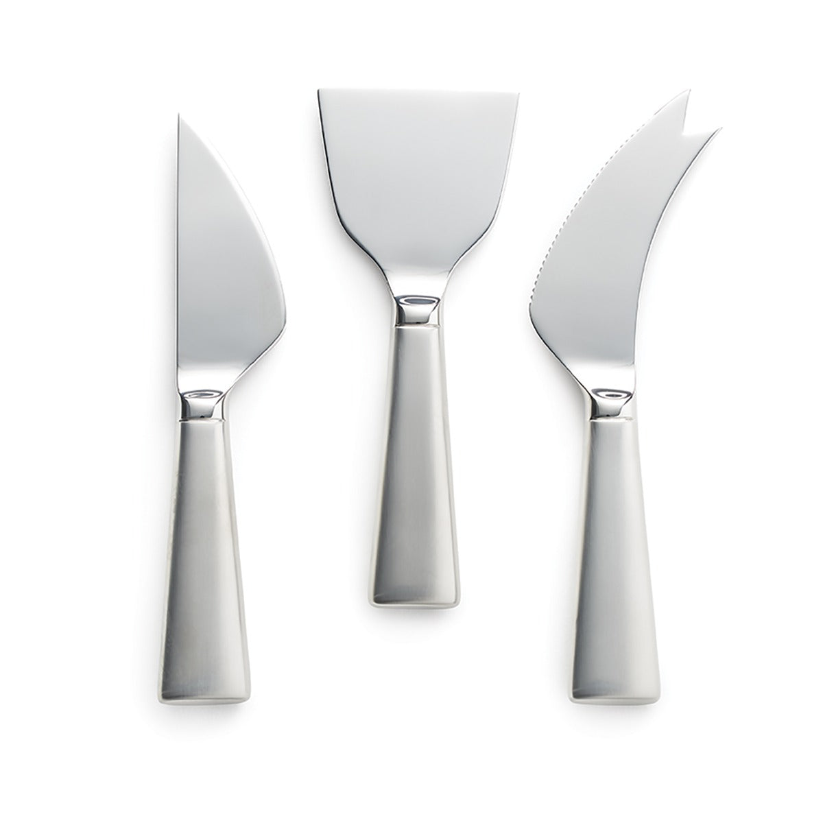 Three stainless steel cheese knives with tapered handles: two curved blades and one flat spreader.
