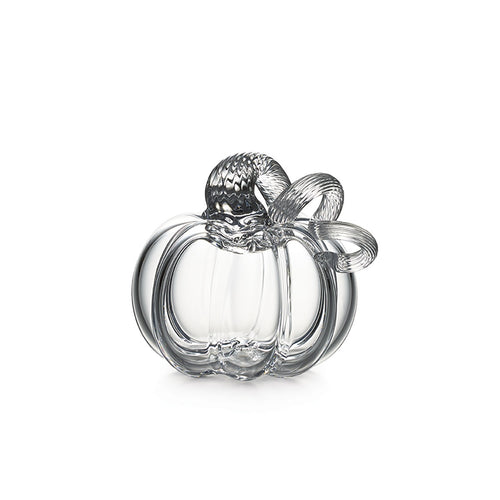 Clear glass pumpkin-shaped container with textured stem and bow detail on top.