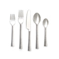 Five-piece stainless steel flatware set with two forks, two spoons, and one knife arranged in a row.