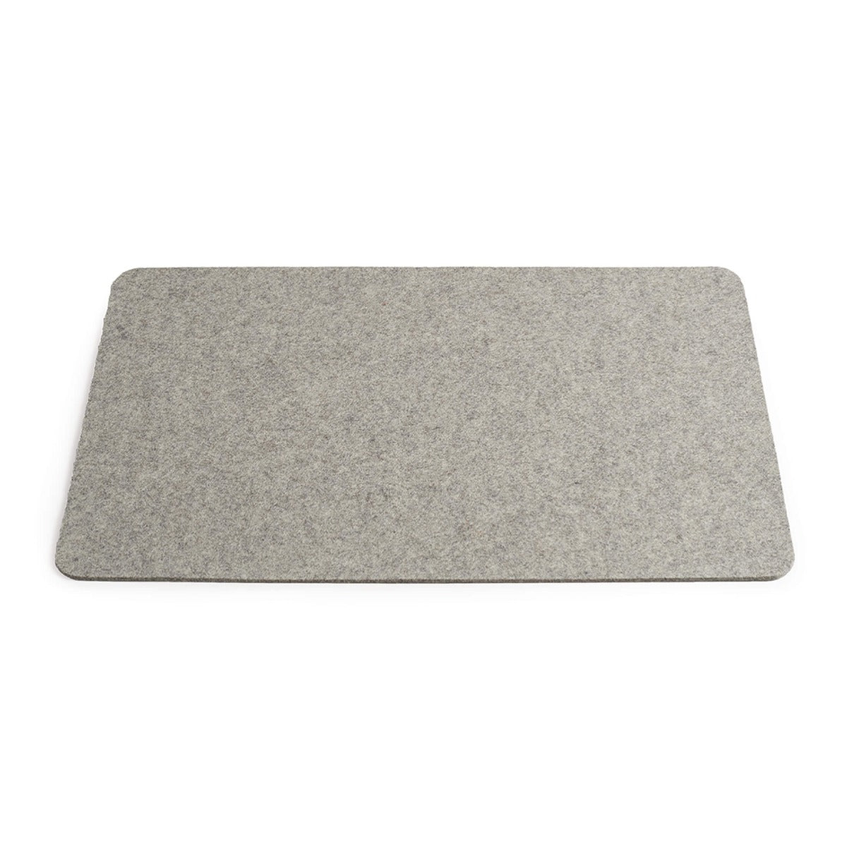 Grey rectangular felt placemat with rounded corners and textured surface.