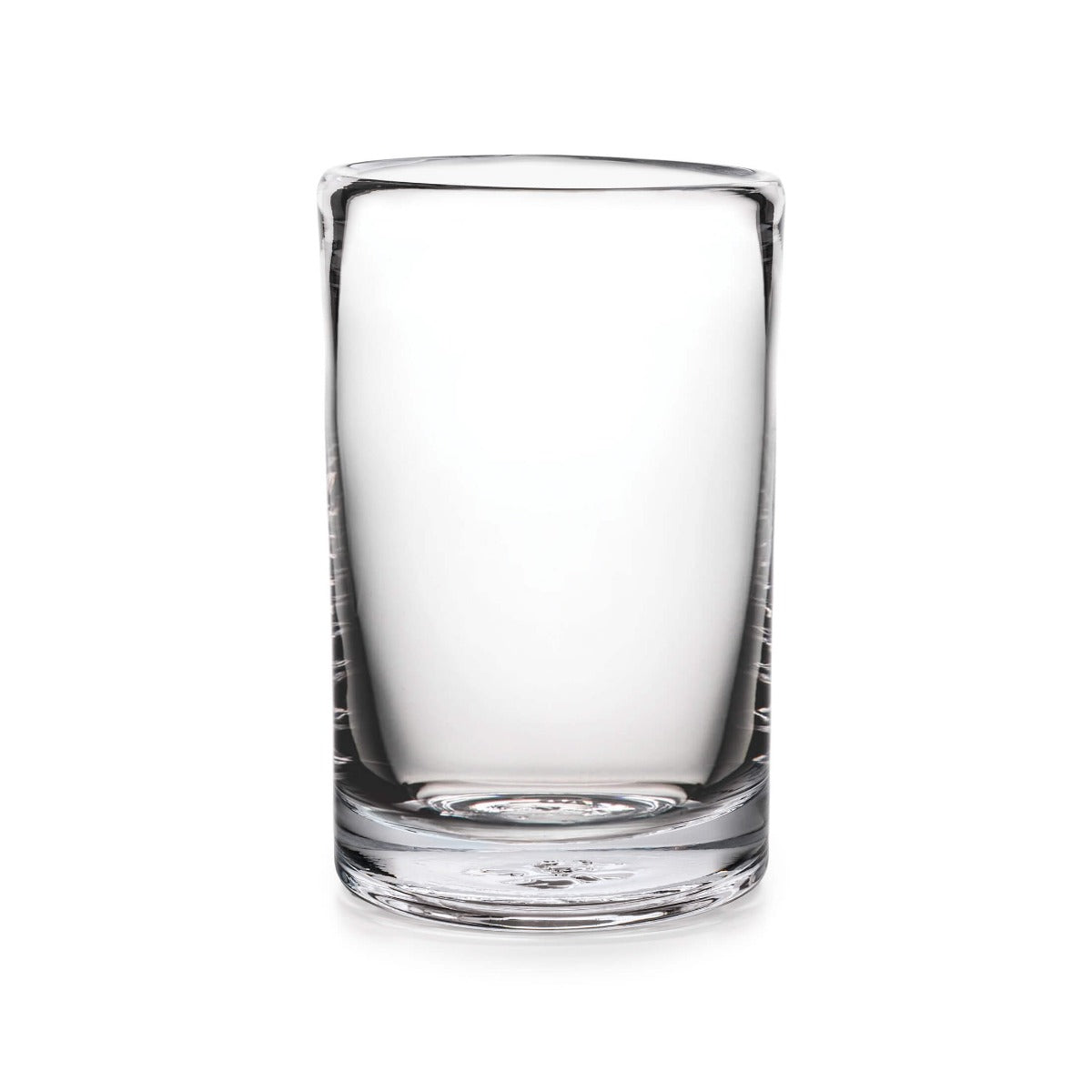 Clear glass tumbler with straight sides and rounded rim.